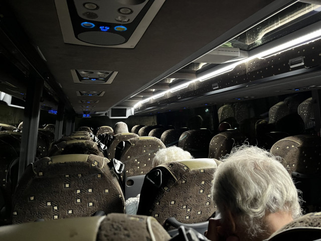 Internal night view of coach parked at Turf Moor