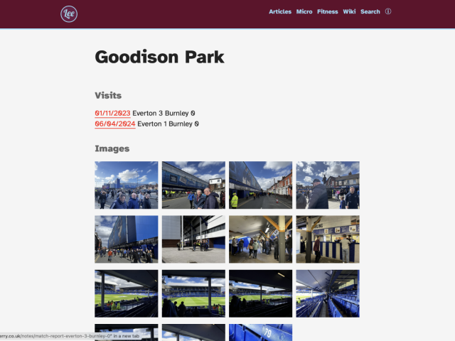 Screenshot of a stadium page in my digital garden with automated lists of visits, and auto generated gallery.