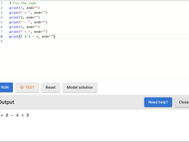 Screenshot of the mooc.fi IDE demonstrating how multiple print functions can produce a single line of output