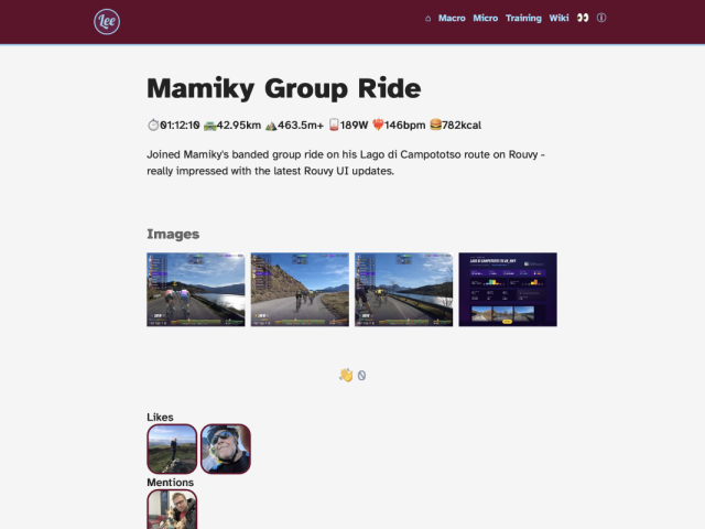 Screenshot from my website showing more fun run and ride activity data at the top of each page with appropriate emojis for each metric.