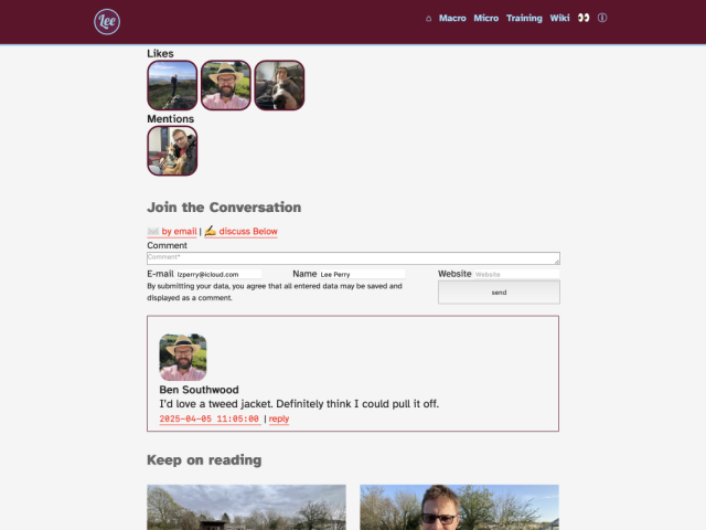 Screenshot of the bottom section of my weeb page template with mention streams feeding in from the IndieWeb using Maurice Renck's indieConnector and Komments plugins.