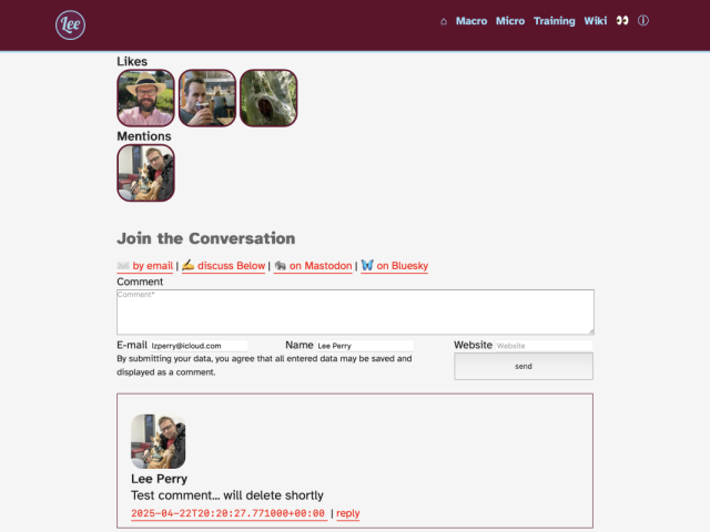 Screenshot of my website showing a test comment from bluesky land on my last micropost, a test comment from Mastodon sits below the fold and outwith this image.