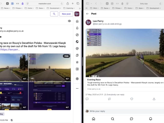 Screen shot of two safari windows, with the different representations of a post from bridgy on Mastodon and bluesky as described in post.