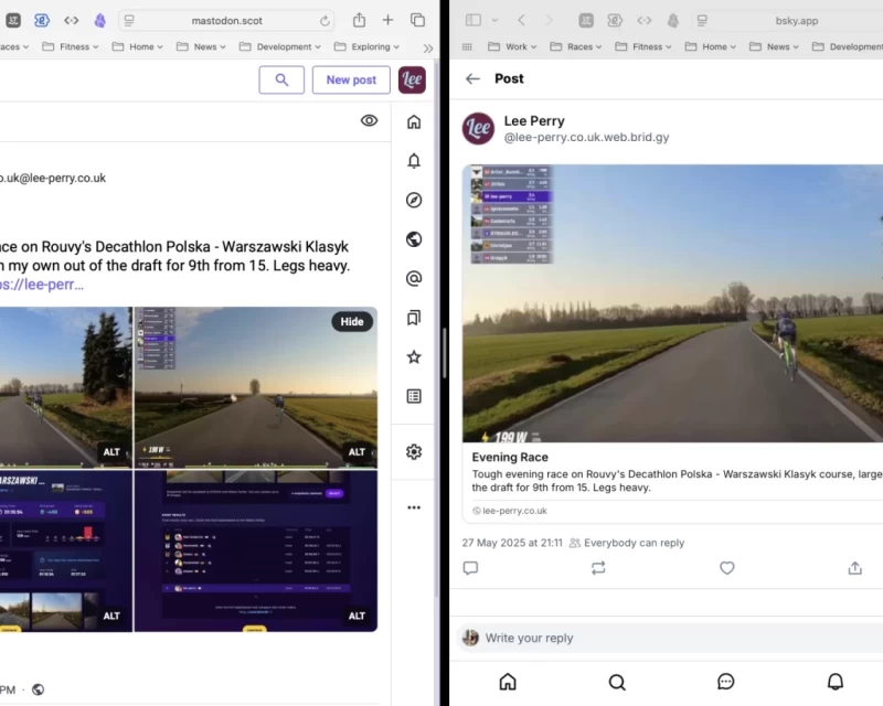 Screen shot of two safari windows, with the different representations of a post from bridgy on Mastodon and bluesky as described in post.