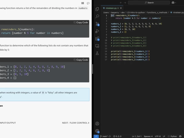 Screenshot showing assignment instructions from LaunchSchool to the left of the screen, and implementation in VSCode to the right half