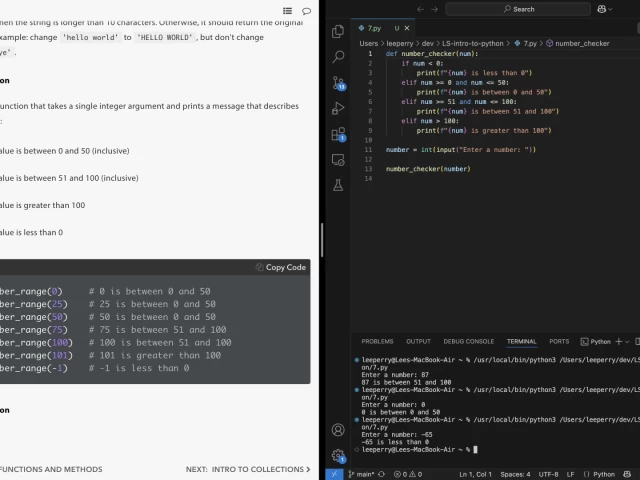Screenshot showing Launch school instructions to the left of the screen, and IDE implementation of a function comparing a number to a series of if/elif statements.