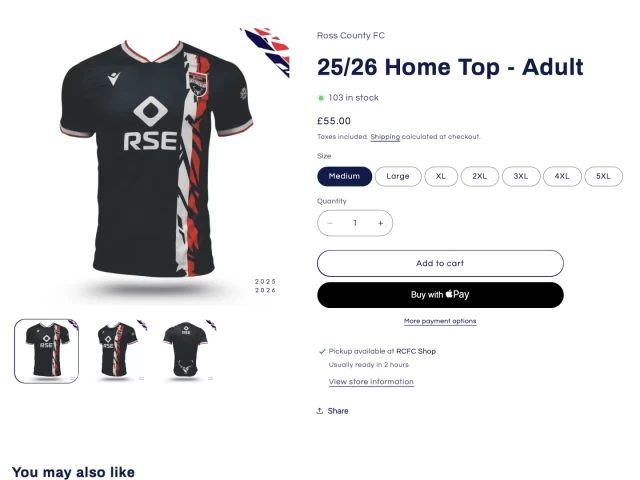 Screenshot from the Ross County club store showing the navy 2025-6 shirt with distressed red and white vertical lines on the left side underneath the club badge.