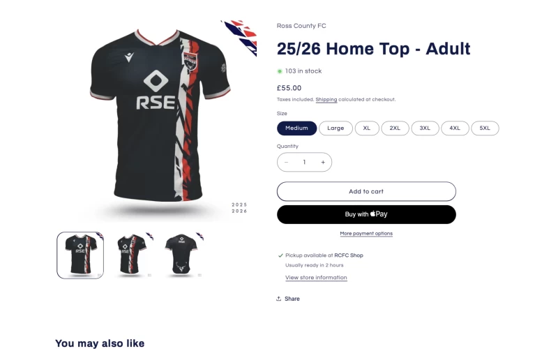 Screenshot from the Ross County club store showing the navy 2025-6 shirt with distressed red and white vertical lines on the left side underneath the club badge.