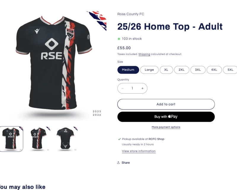 Screenshot from the Ross County club store showing the navy 2025-6 shirt with distressed red and white vertical lines on the left side underneath the club badge.