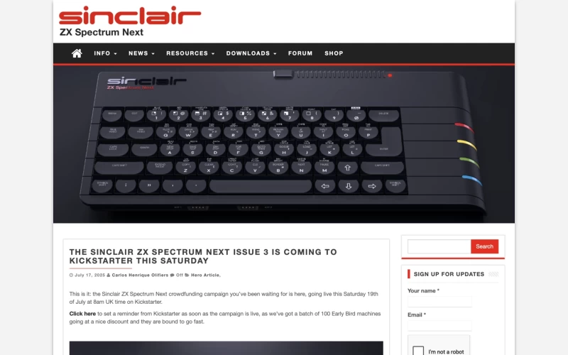 Screenshot from specnext.com website showing an image of the Spectrum Next at the top of an article announcing their kickstarter 3
