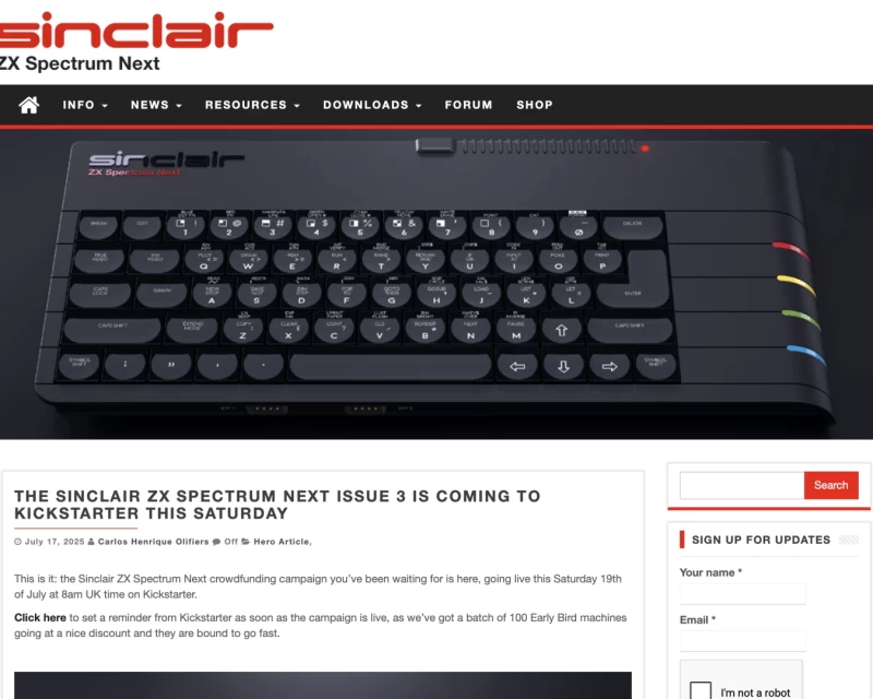 Screenshot from specnext.com website showing an image of the Spectrum Next at the top of an article announcing their kickstarter 3
