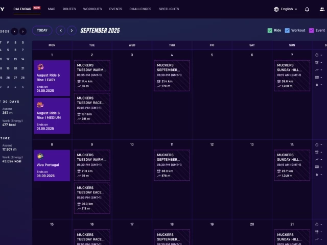 Screenshot of the new calendar view in Rouvy's rider portal - showing challenges and event invitations.