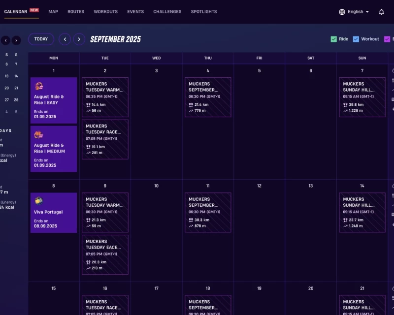 Screenshot of the new calendar view in Rouvy's rider portal - showing challenges and event invitations.