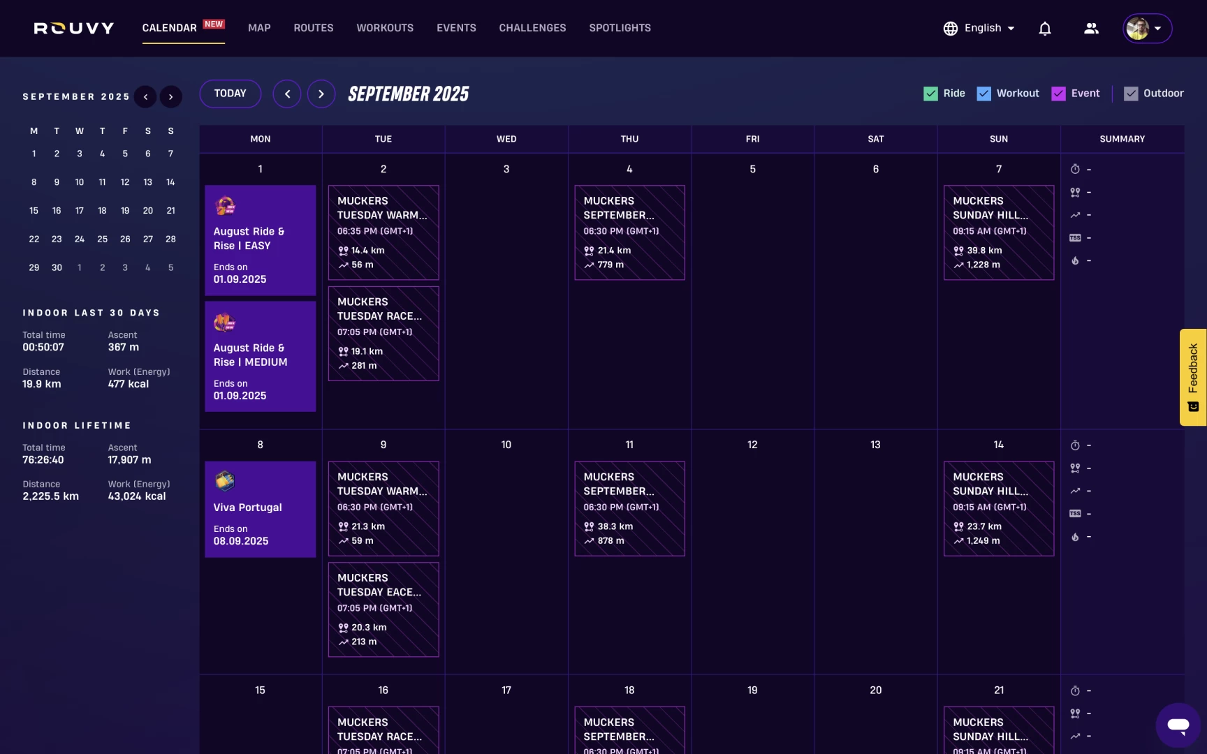 Screenshot of the new calendar view in Rouvy's rider portal - showing challenges and event invitations.