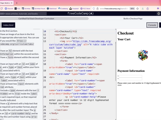 Browser screenhsot with assignment instructions in the left pane, code editor in the center, and html preview of a checkout page to the right