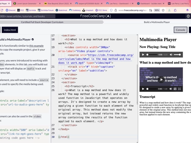 Screenshot of the FreeCodeCamp IDE with assignment to left, code to centre, and multimediaplayer project build in the right pane.